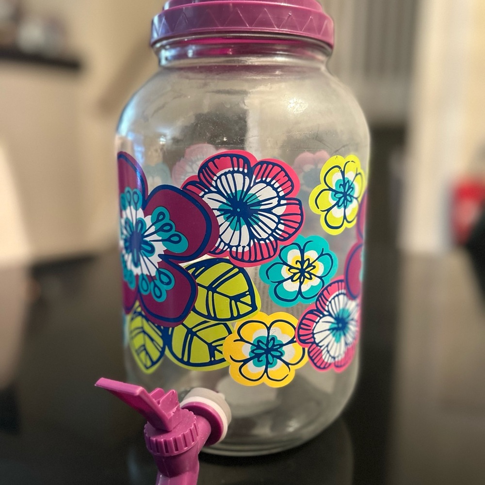Floral Beverage Dispenser with Purple Lid